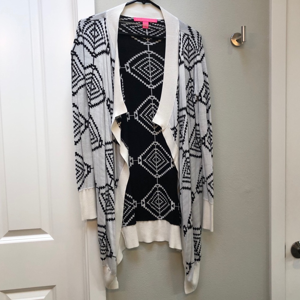 REBELLIOUS ONE OPEN FRONT LONG CARDIGAN SWEATER GEOMETRIC PRINT BLACK WHITE S/M